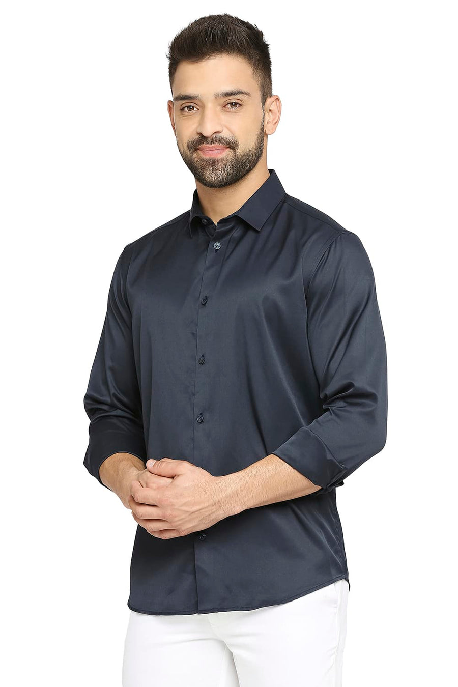 BASICS SLIM FIT PEONY NAVY POLYESTER STRETCH SHIRT