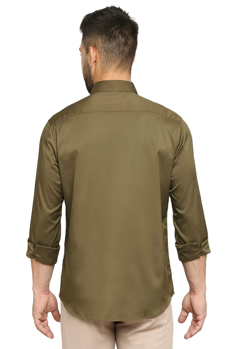 BASICS SLIM FIT MOOS OLIVE POLYESTER STRETCH SHIRT