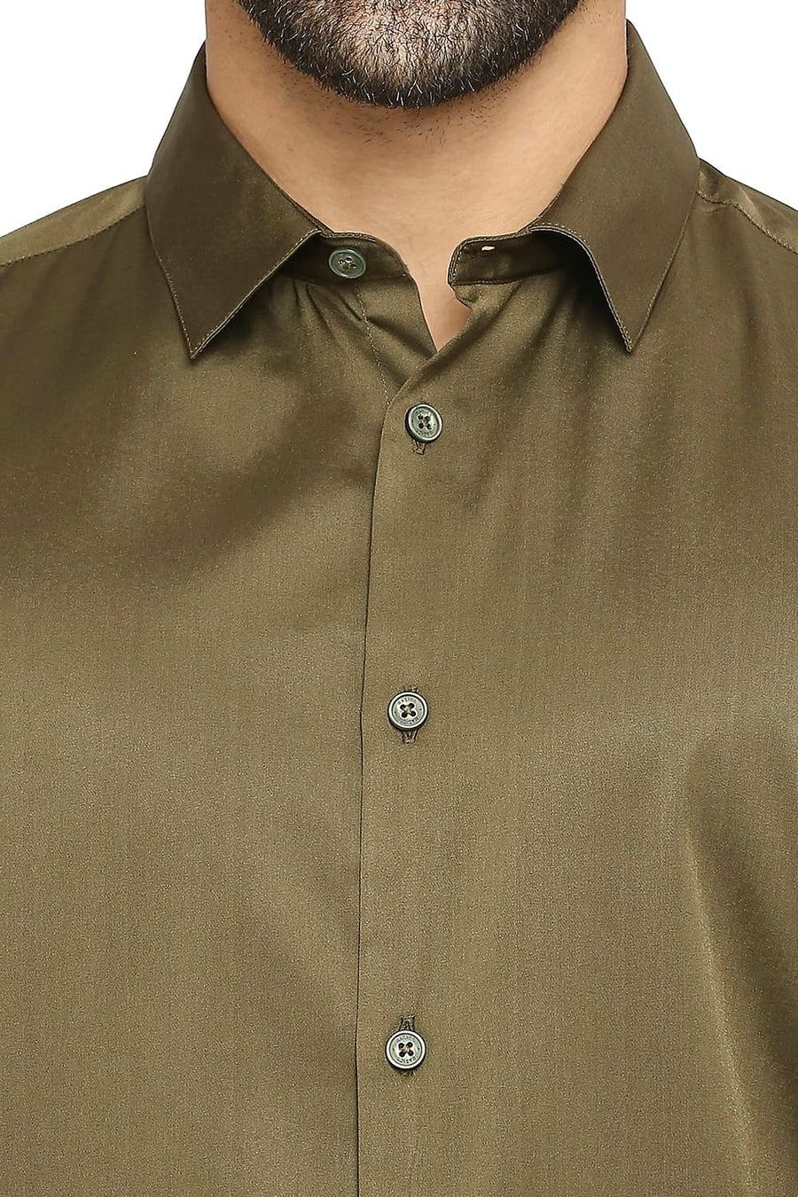 BASICS SLIM FIT MOOS OLIVE POLYESTER STRETCH SHIRT