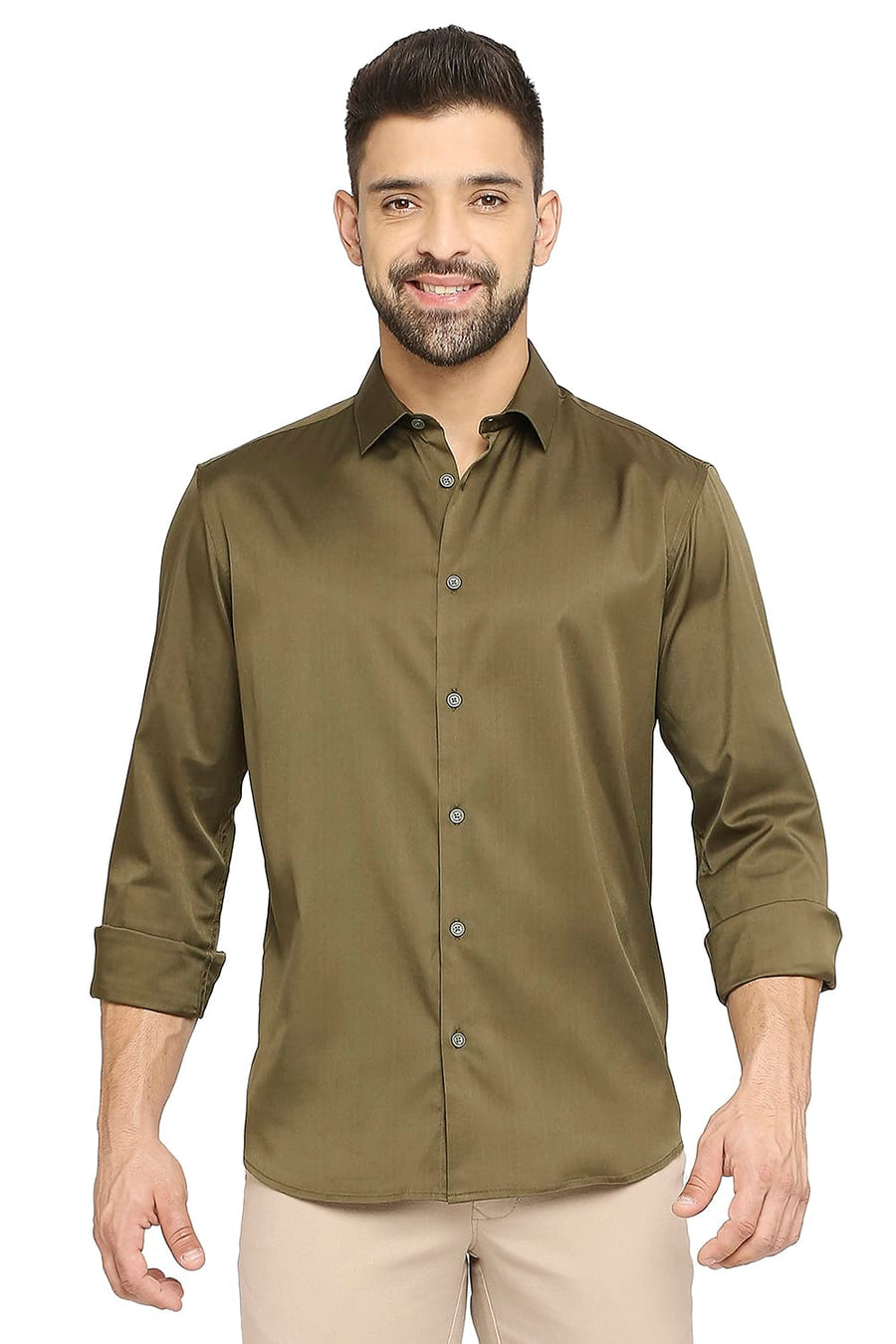 BASICS SLIM FIT MOOS OLIVE POLYESTER STRETCH SHIRT