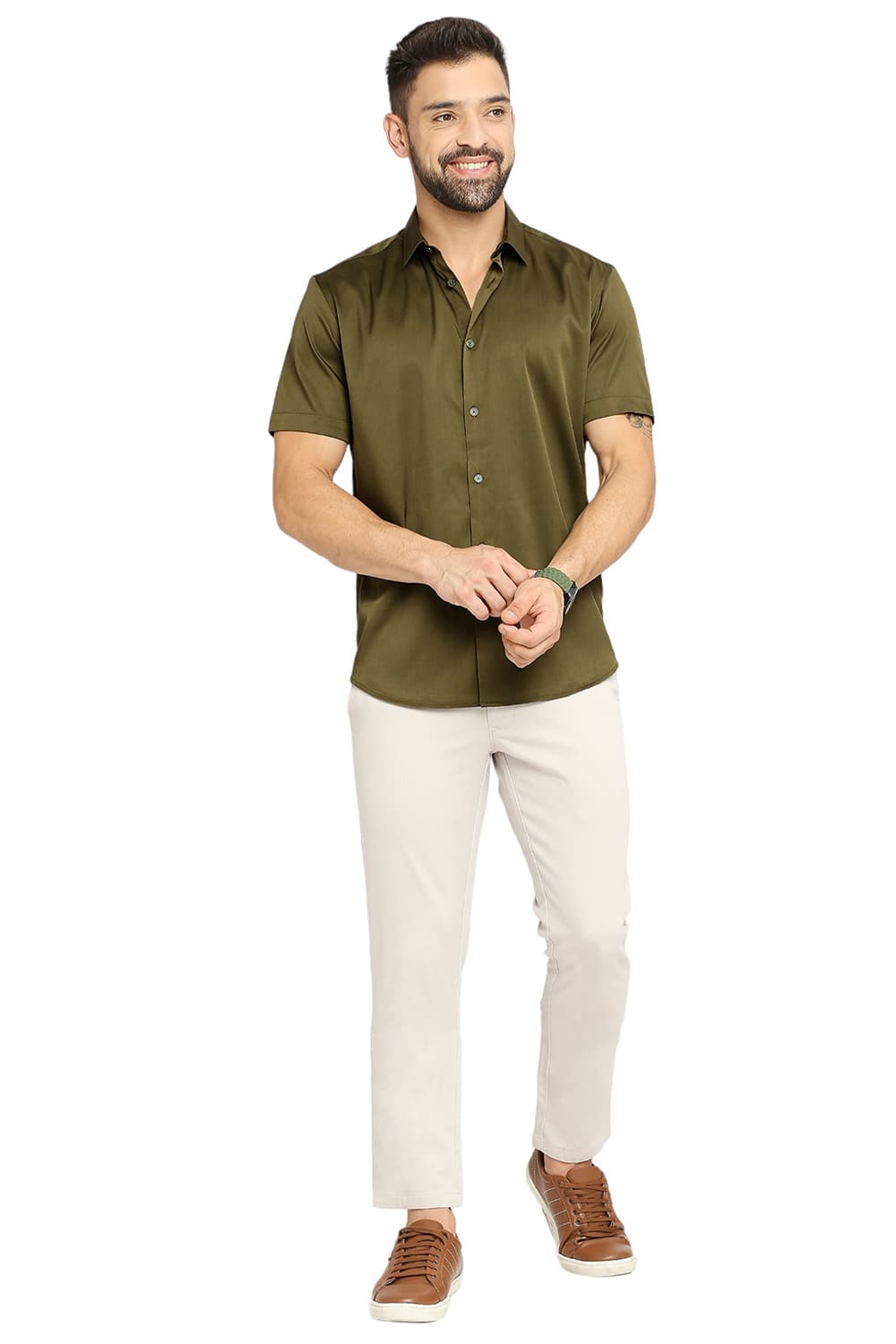 BASICS SLIM FIT POLYESTER STRETCH HALFSLEEVES SHIRT