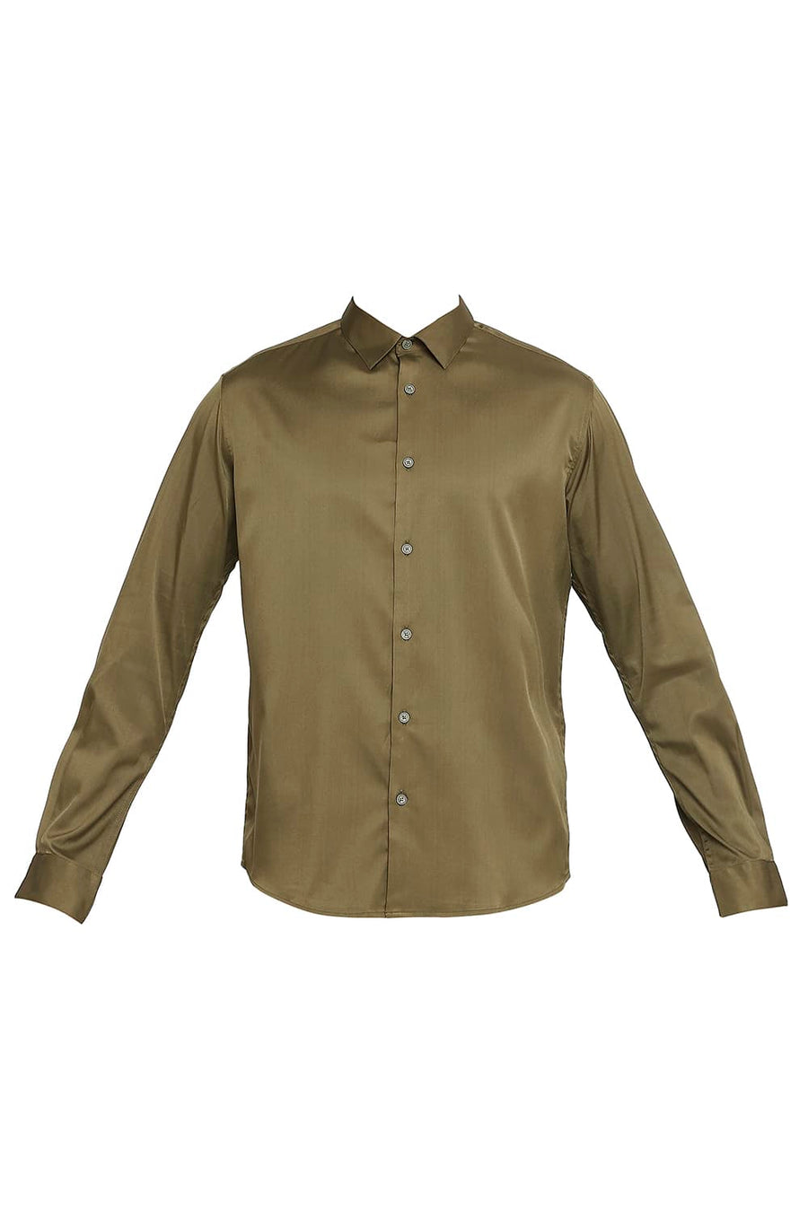 BASICS SLIM FIT MOOS OLIVE POLYESTER STRETCH SHIRT