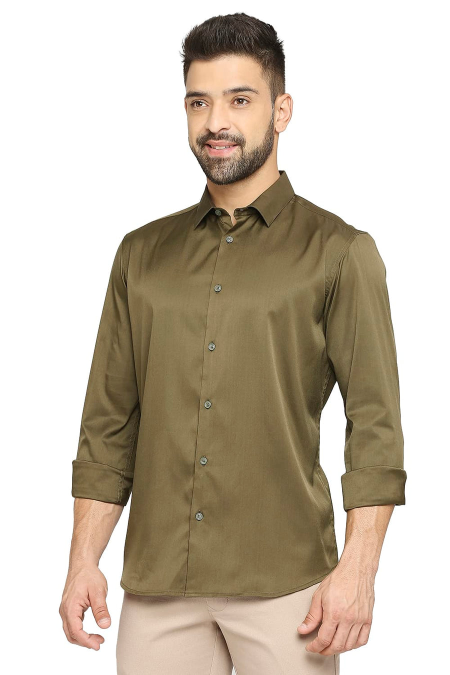 BASICS SLIM FIT MOOS OLIVE POLYESTER STRETCH SHIRT