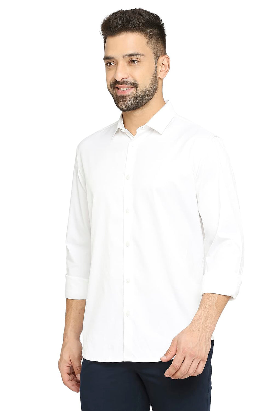 BASICS SLIM FIT VANILLA ICE WHITE POLYESTER STRETCH SHIRT