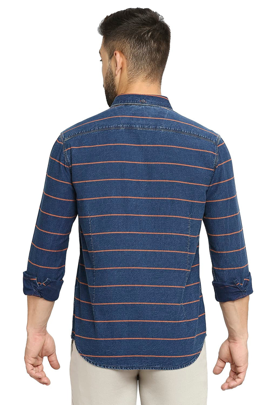 BASICS SLIM FIT RACING RED COTTON INDIGO TWILL WEFT STRIPE SHIRT