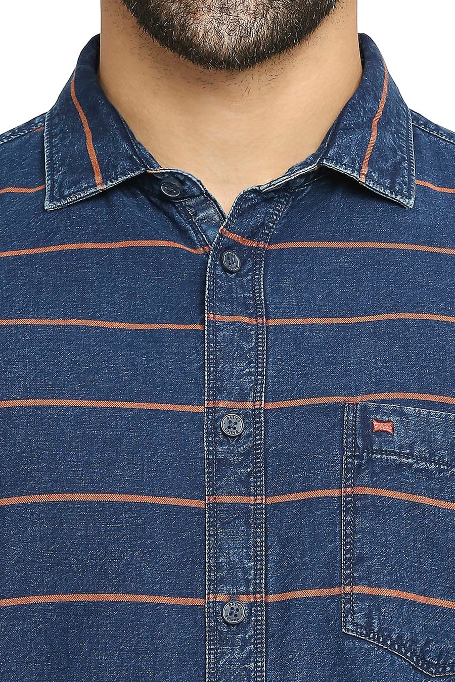 BASICS SLIM FIT RACING RED COTTON INDIGO TWILL WEFT STRIPE SHIRT