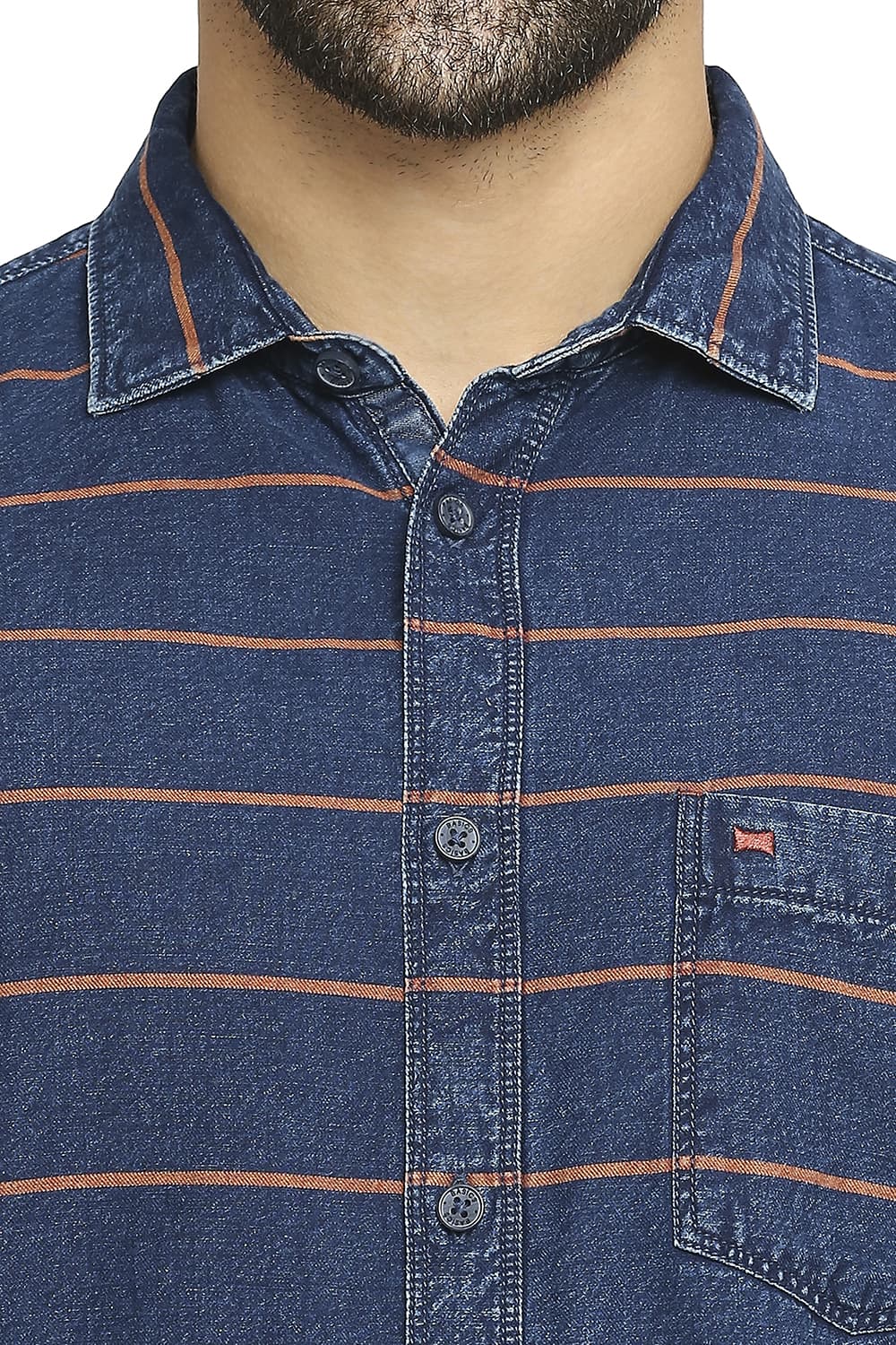 BASICS SLIM FIT COTTON INDIGO TWILL WEFT STRIPE SHIRT