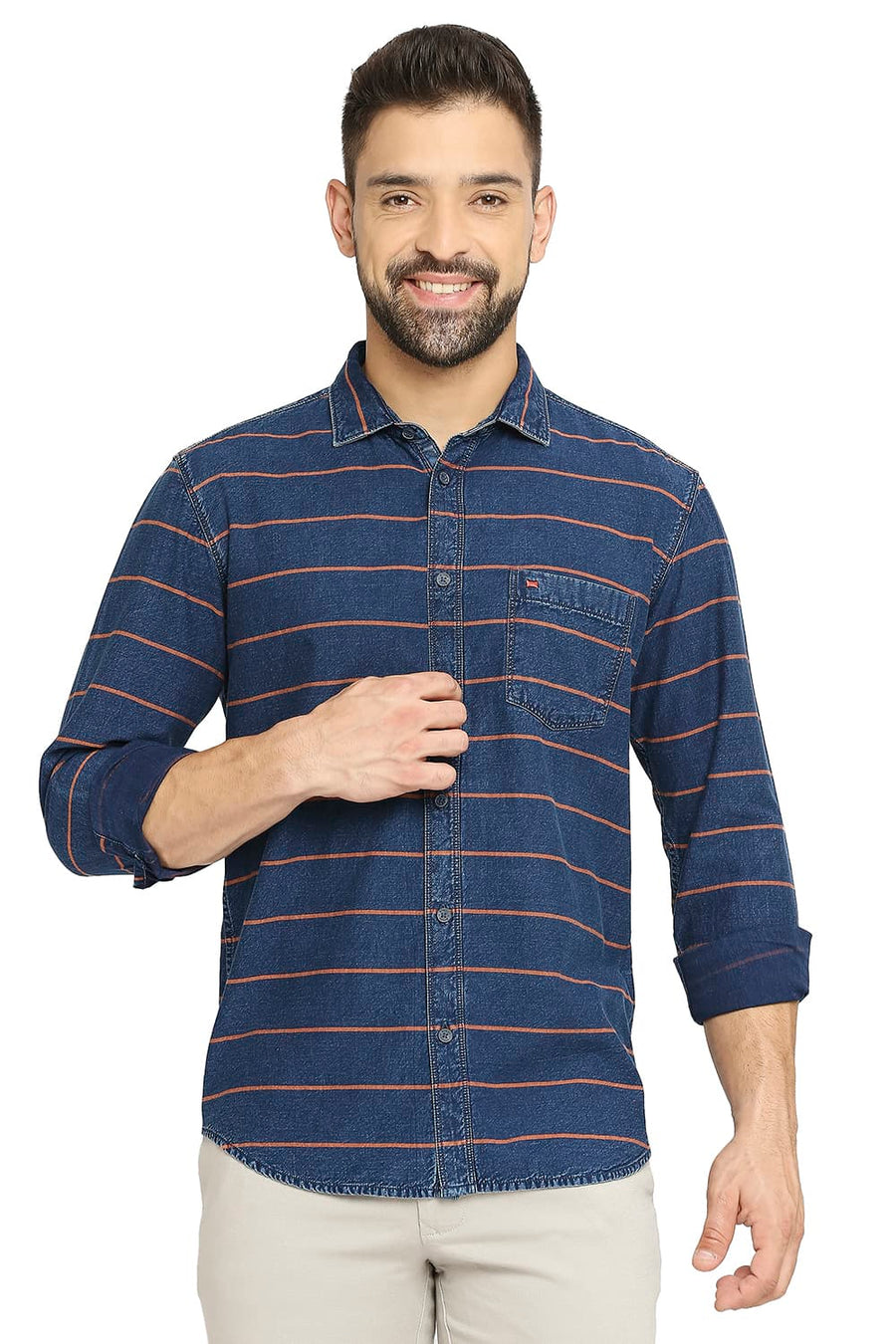 BASICS SLIM FIT RACING RED COTTON INDIGO TWILL WEFT STRIPE SHIRT