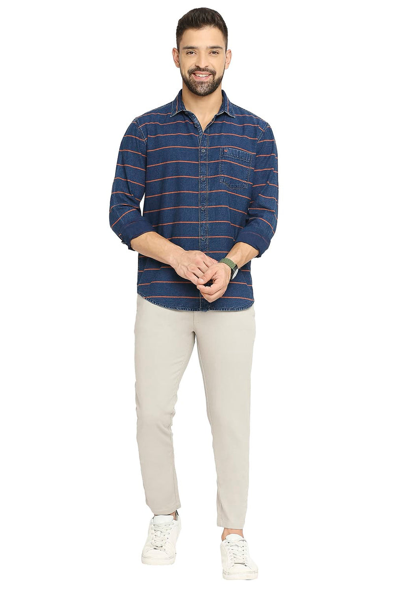 BASICS SLIM FIT COTTON INDIGO TWILL WEFT STRIPE SHIRT