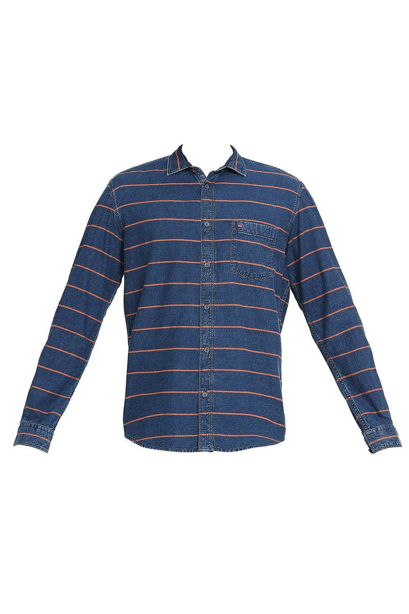 BASICS SLIM FIT COTTON INDIGO TWILL WEFT STRIPE SHIRT