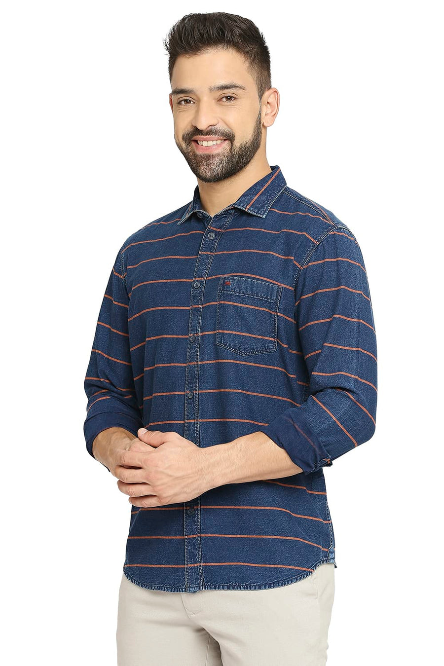 BASICS SLIM FIT RACING RED COTTON INDIGO TWILL WEFT STRIPE SHIRT
