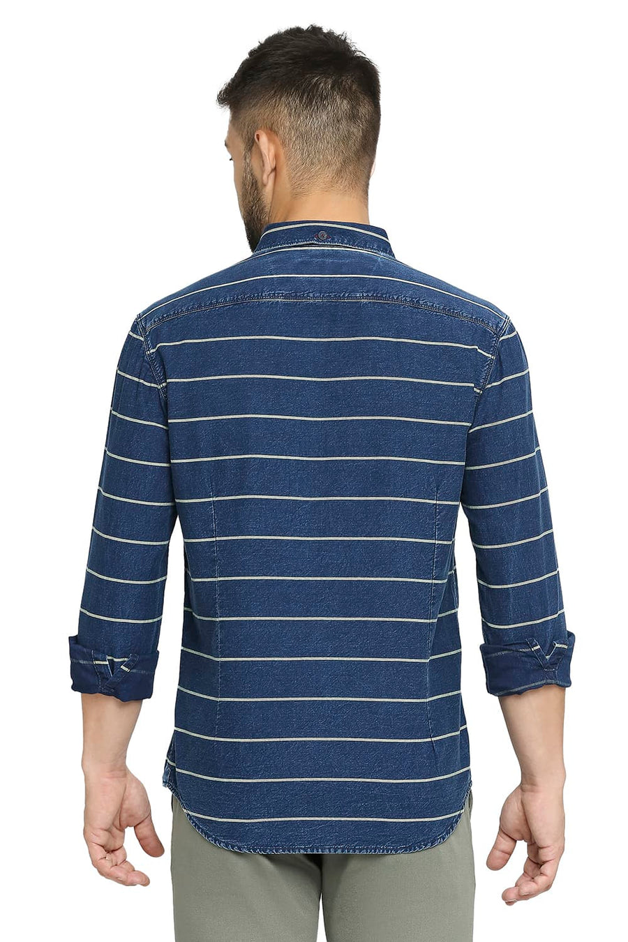 BASICS SLIM FIT MAIZE YELLOW COTTON INDIGO TWILL WEFT STRIPE SHIRT