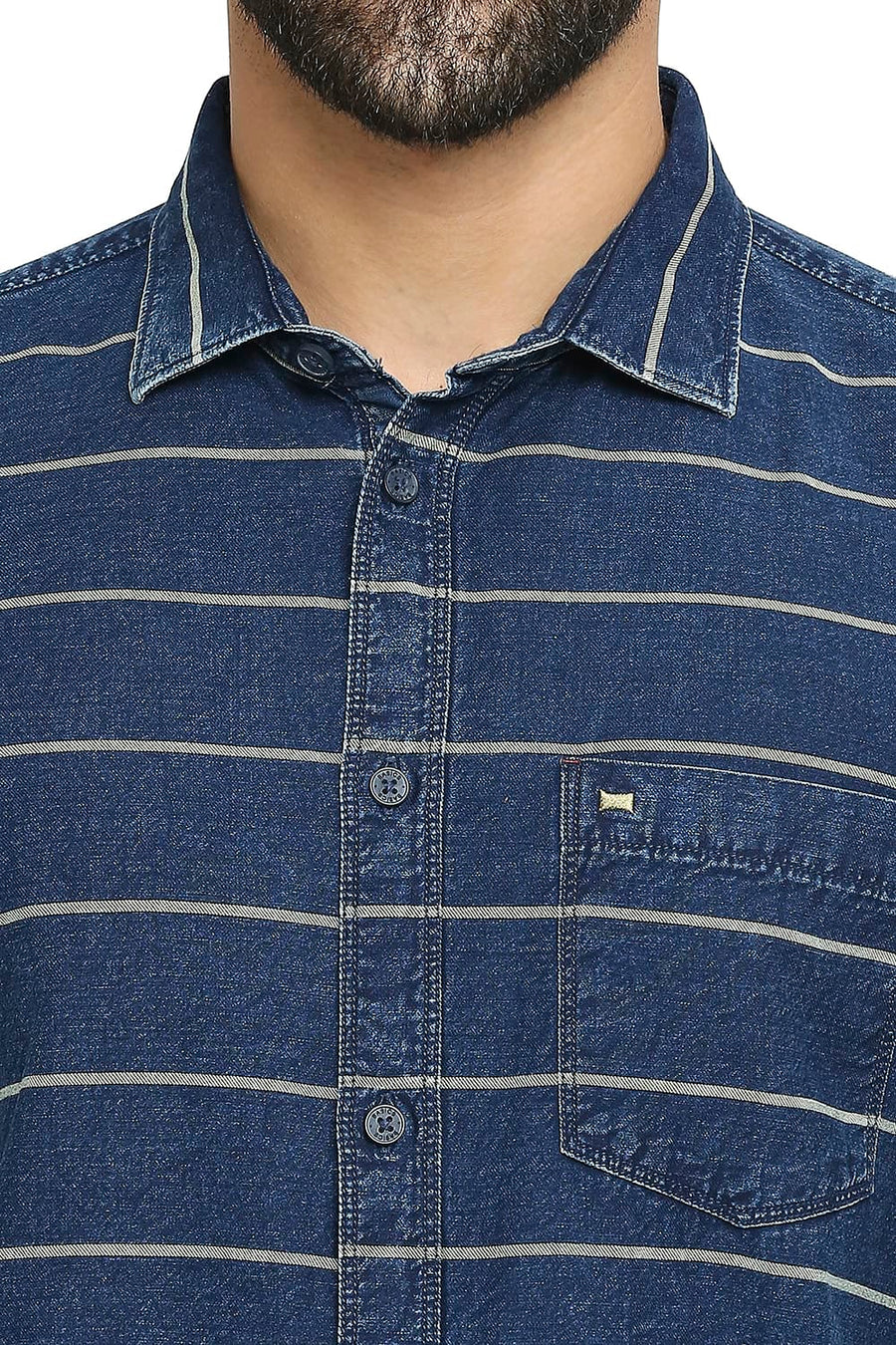 BASICS SLIM FIT MAIZE YELLOW COTTON INDIGO TWILL WEFT STRIPE SHIRT