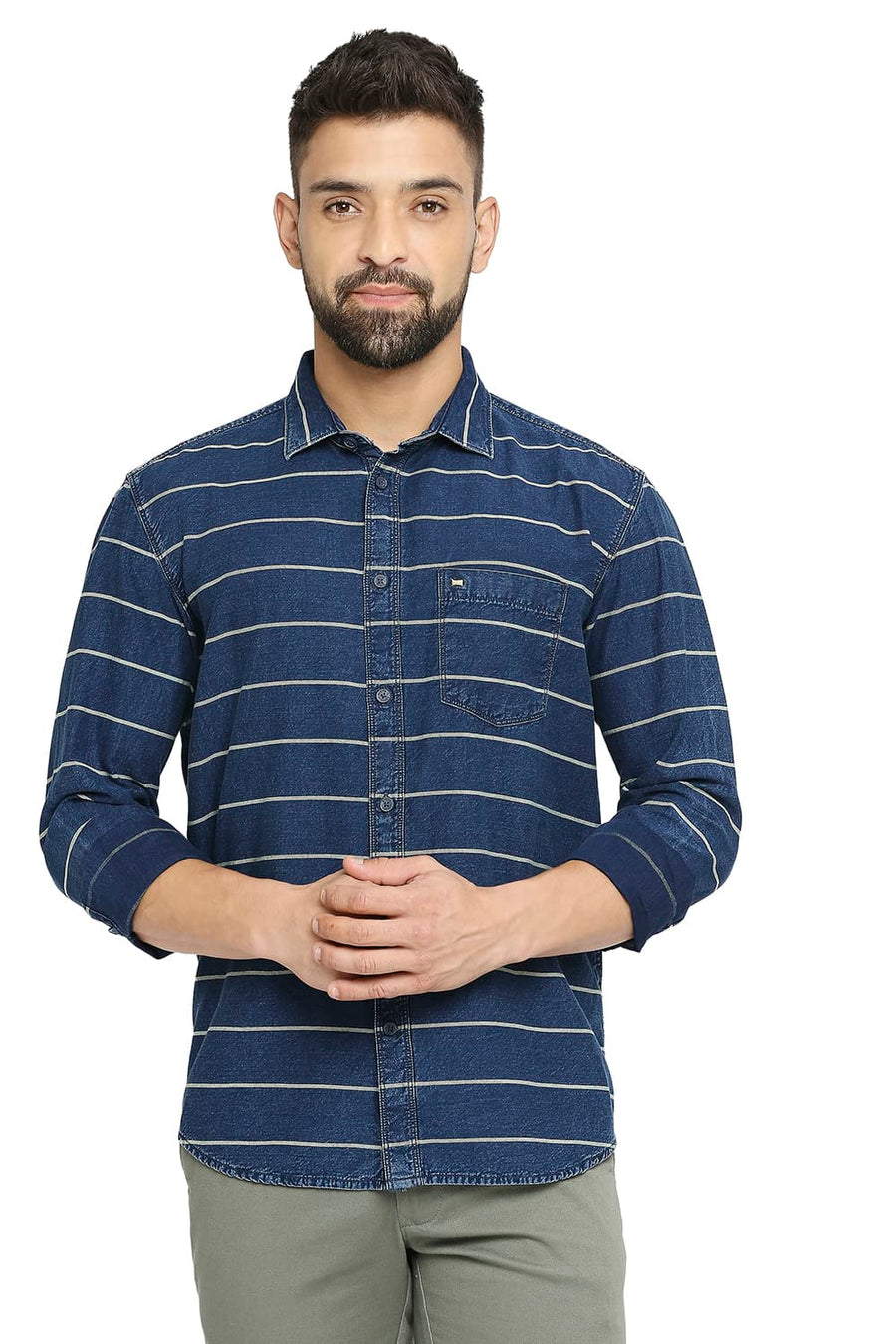 BASICS SLIM FIT MAIZE YELLOW COTTON INDIGO TWILL WEFT STRIPE SHIRT