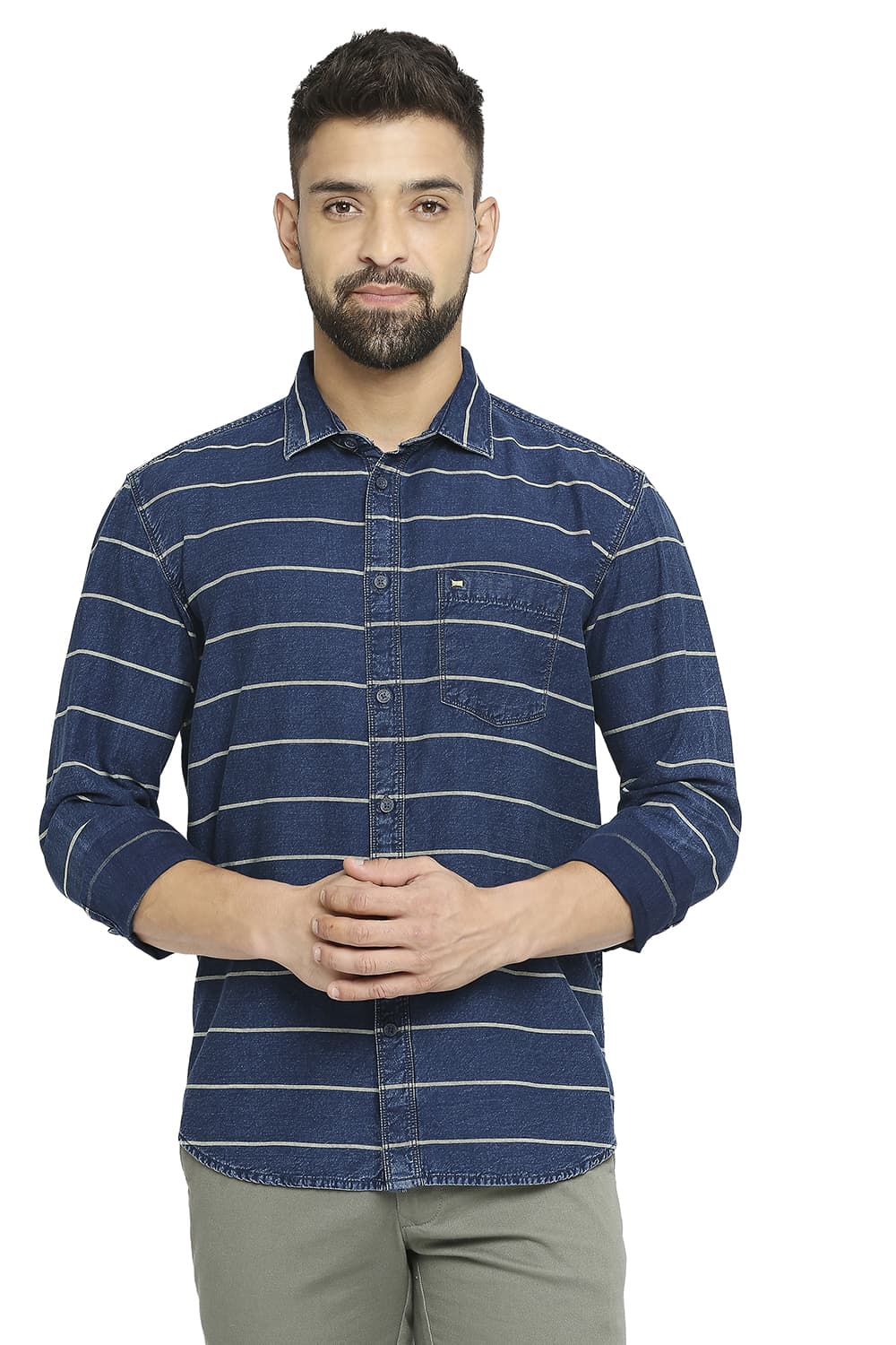 BASICS SLIM FIT COTTON INDIGO TWILL WEFT STRIPE SHIRT