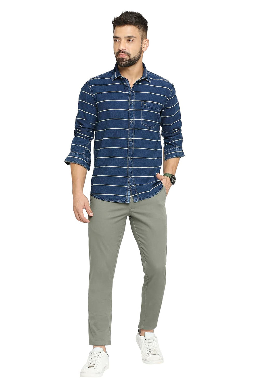 BASICS SLIM FIT MAIZE YELLOW COTTON INDIGO TWILL WEFT STRIPE SHIRT