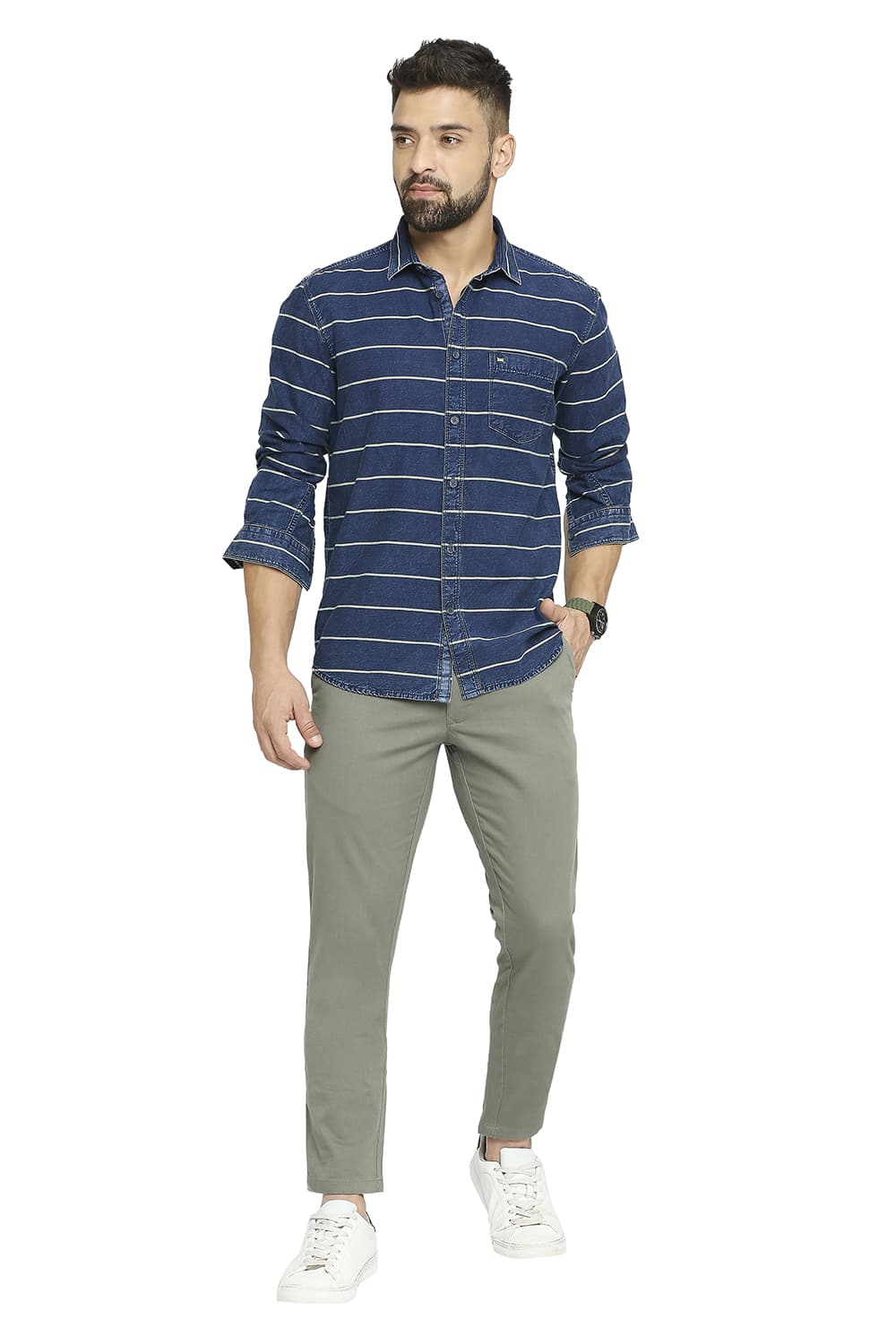 BASICS SLIM FIT COTTON INDIGO TWILL WEFT STRIPE SHIRT