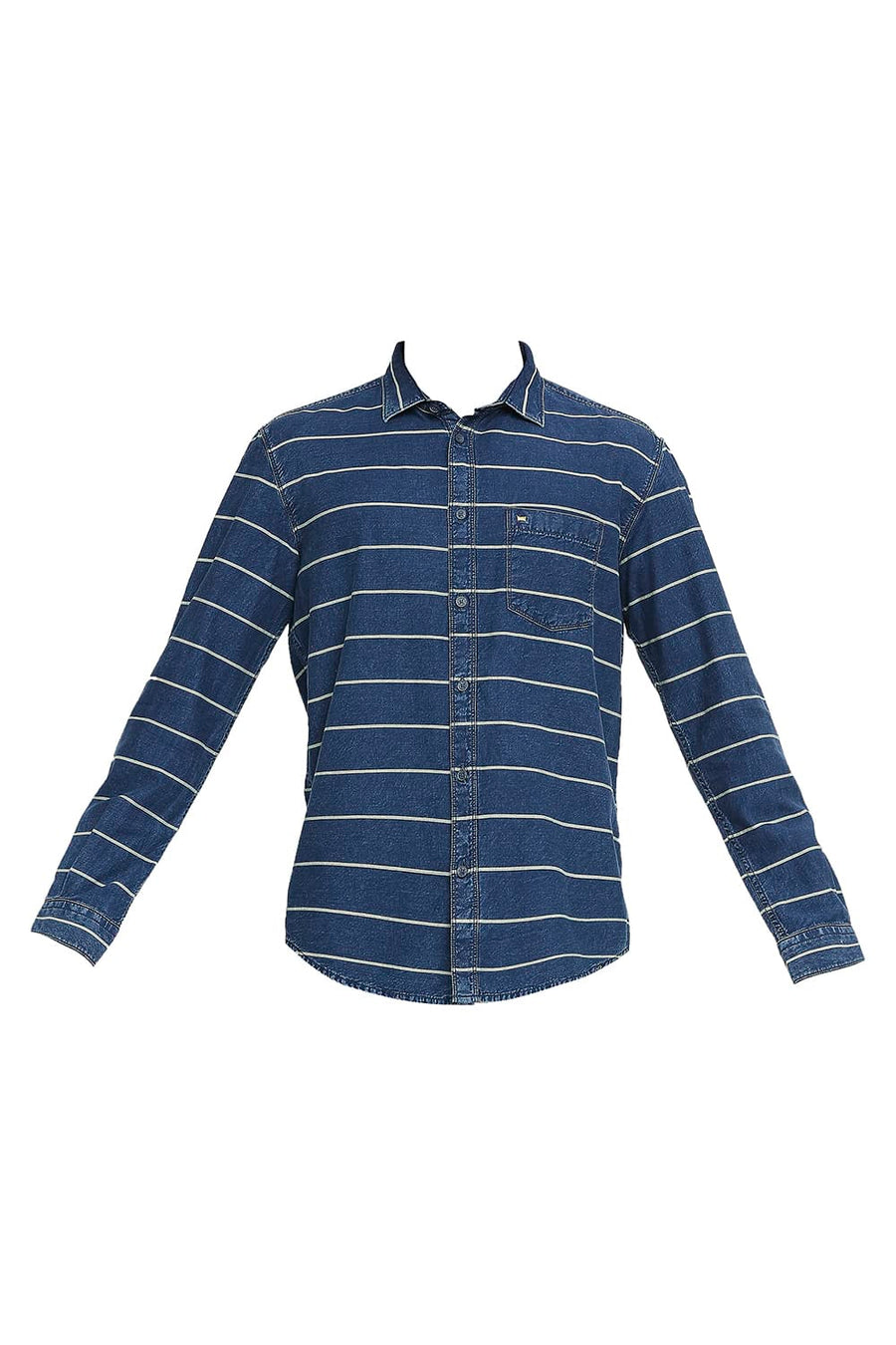 BASICS SLIM FIT MAIZE YELLOW COTTON INDIGO TWILL WEFT STRIPE SHIRT