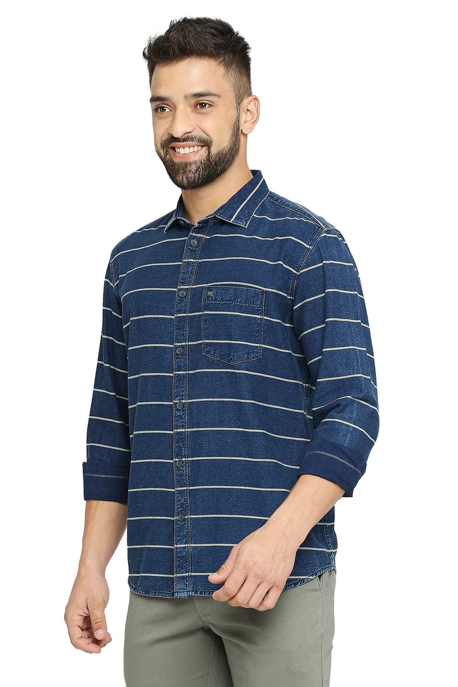 BASICS SLIM FIT MAIZE YELLOW COTTON INDIGO TWILL WEFT STRIPE SHIRT
