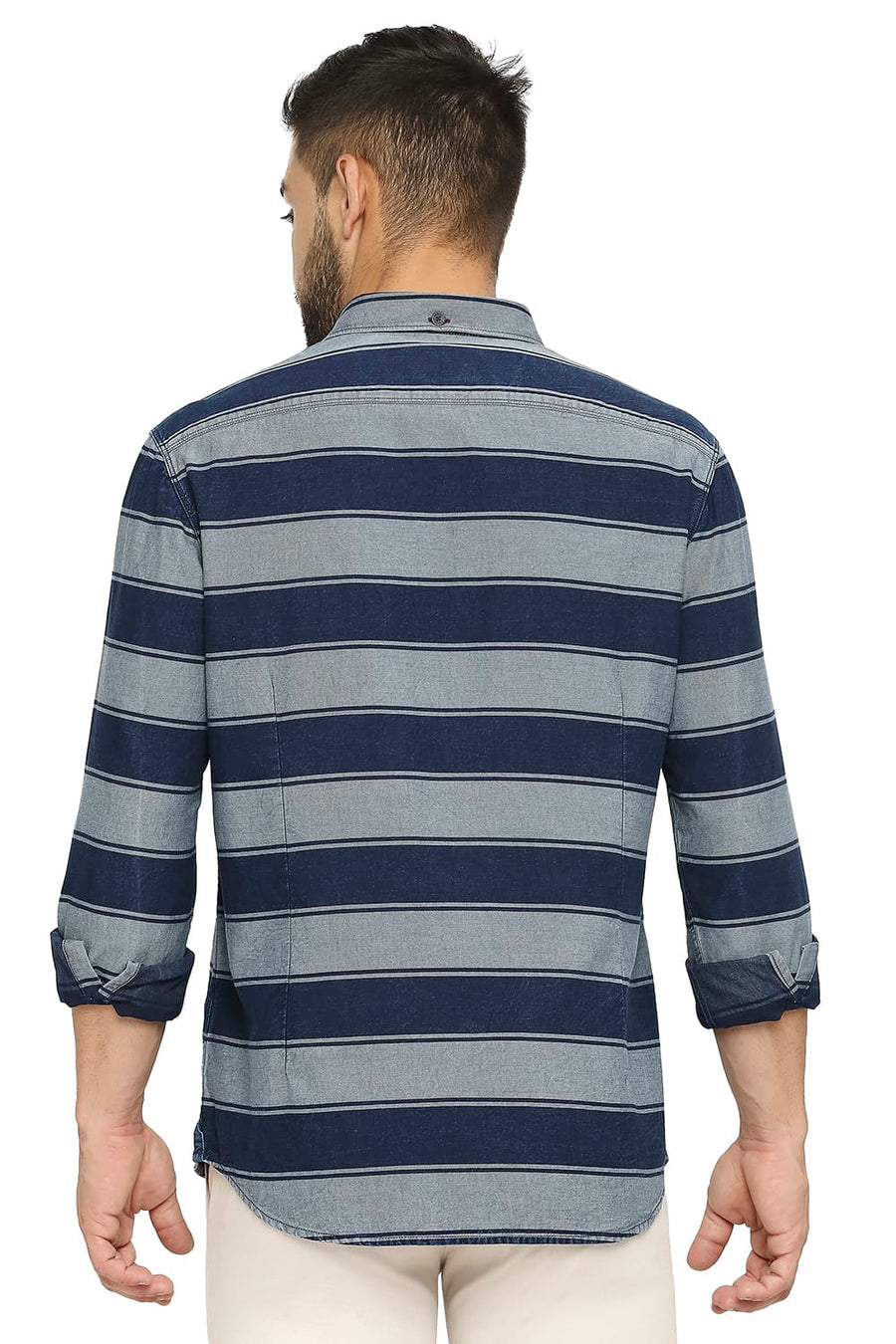BASICS SLIM FIT FROST GREY COTTON INDIGO TWILL WEFT STRIPE SHIRT