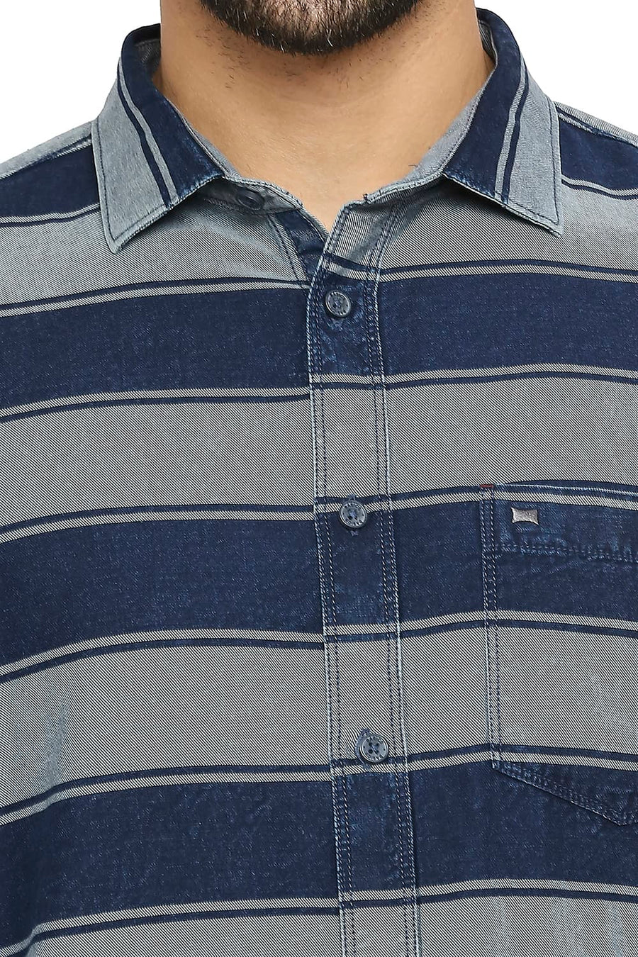 BASICS SLIM FIT FROST GREY COTTON INDIGO TWILL WEFT STRIPE SHIRT