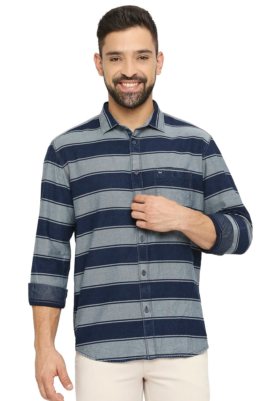 BASICS SLIM FIT FROST GREY COTTON INDIGO TWILL WEFT STRIPE SHIRT