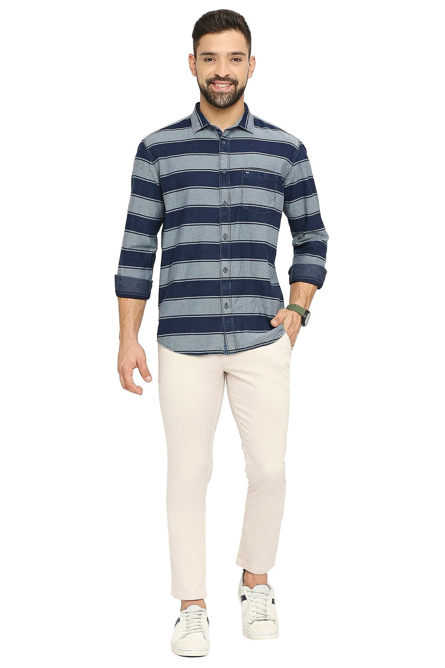 BASICS SLIM FIT FROST GREY COTTON INDIGO TWILL WEFT STRIPE SHIRT