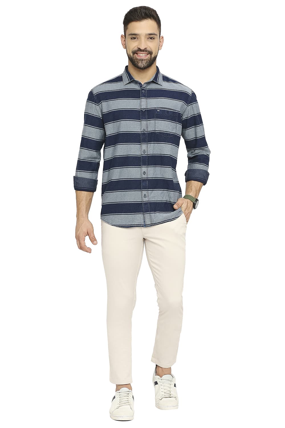 BASICS SLIM FIT COTTON INDIGO TWILL WEFT STRIPE SHIRT