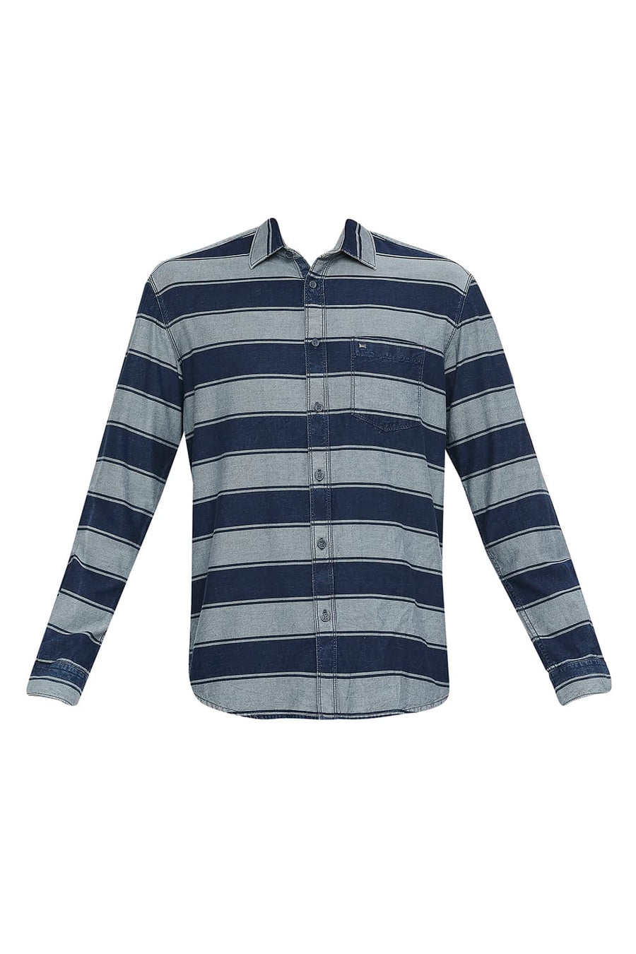 BASICS SLIM FIT FROST GREY COTTON INDIGO TWILL WEFT STRIPE SHIRT