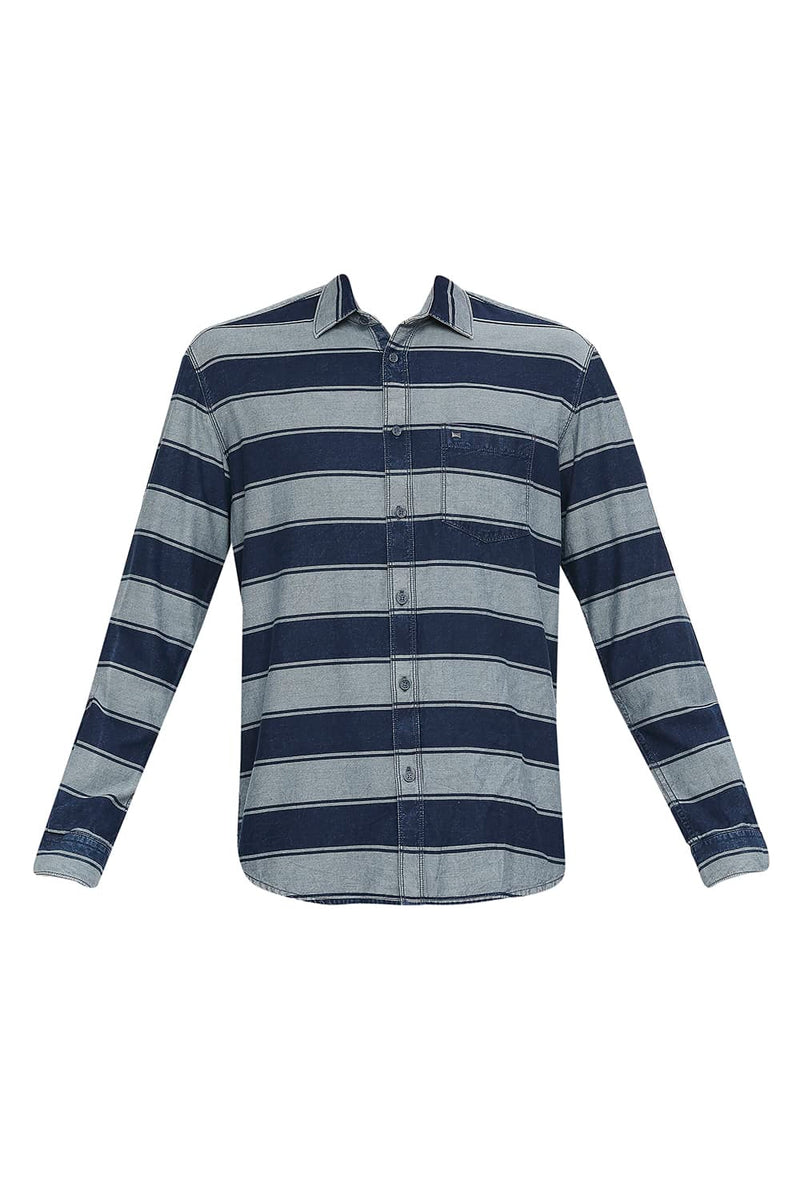 BASICS SLIM FIT COTTON INDIGO TWILL WEFT STRIPE SHIRT