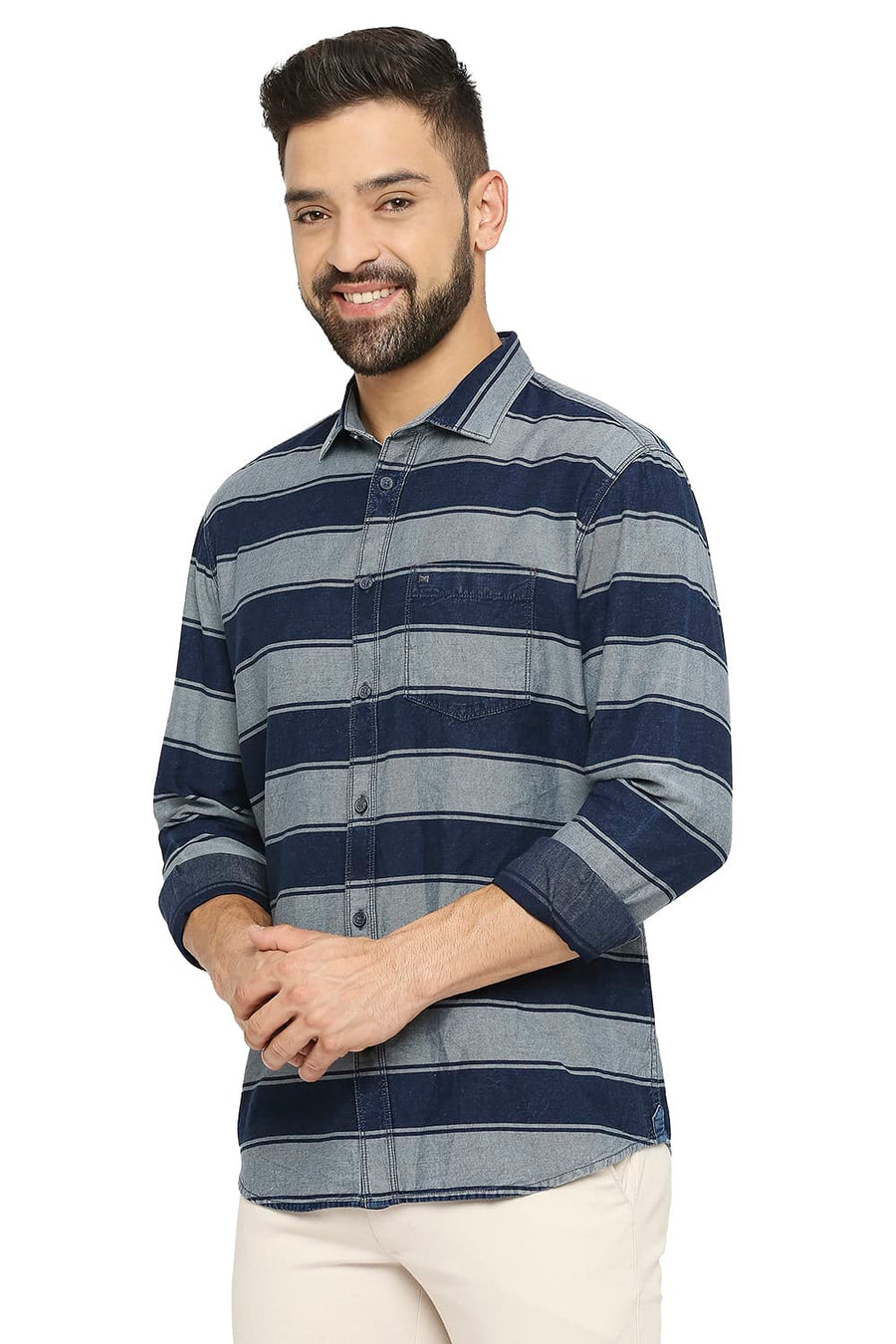 BASICS SLIM FIT FROST GREY COTTON INDIGO TWILL WEFT STRIPE SHIRT