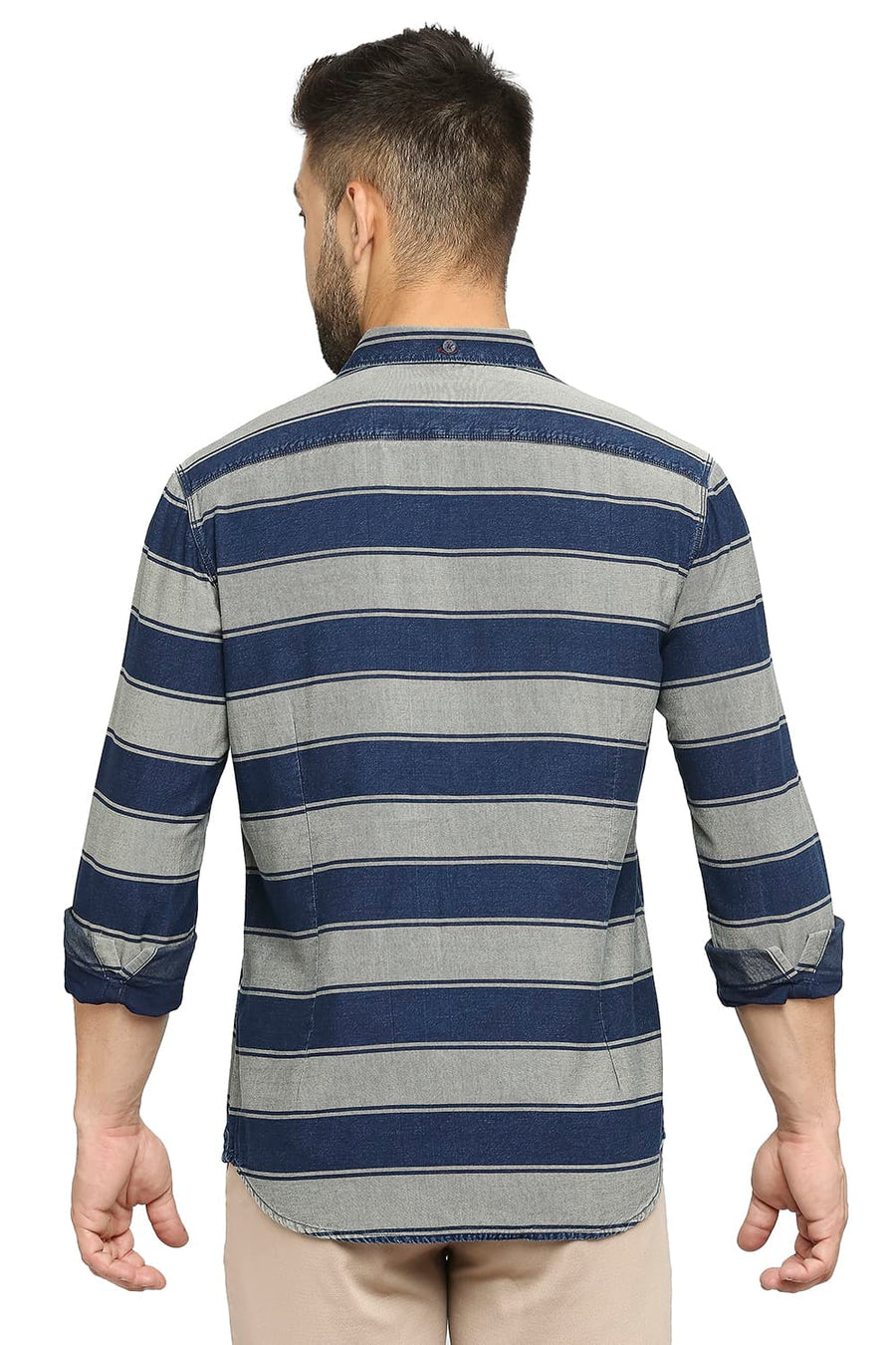 BASICS SLIM FIT INDIAN TAN KHAKI COTTON INDIGO TWILL WEFT STRIPE SHIRT