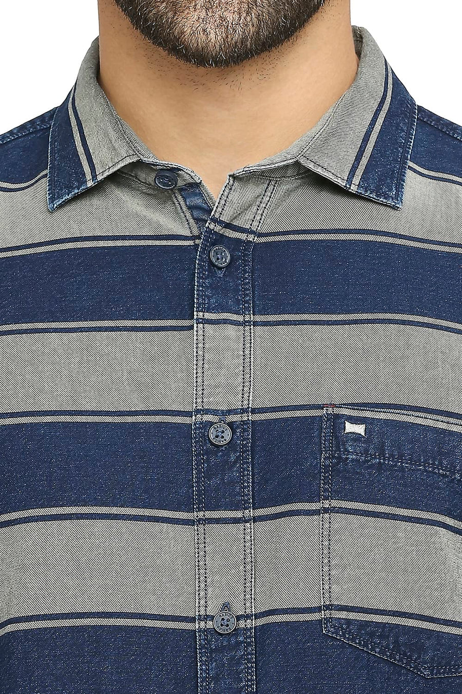 BASICS SLIM FIT INDIAN TAN KHAKI COTTON INDIGO TWILL WEFT STRIPE SHIRT