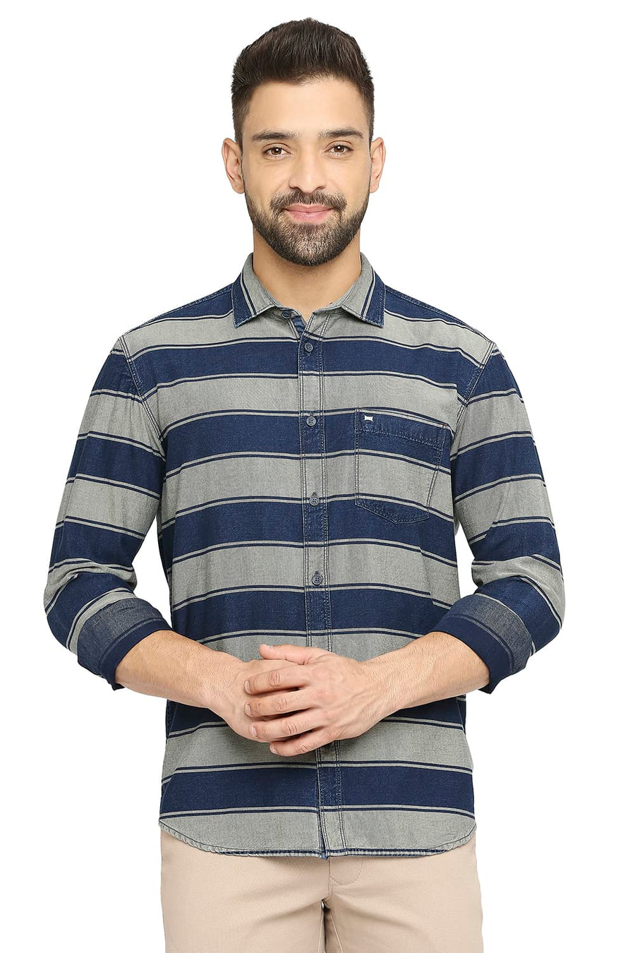 BASICS SLIM FIT INDIAN TAN KHAKI COTTON INDIGO TWILL WEFT STRIPE SHIRT