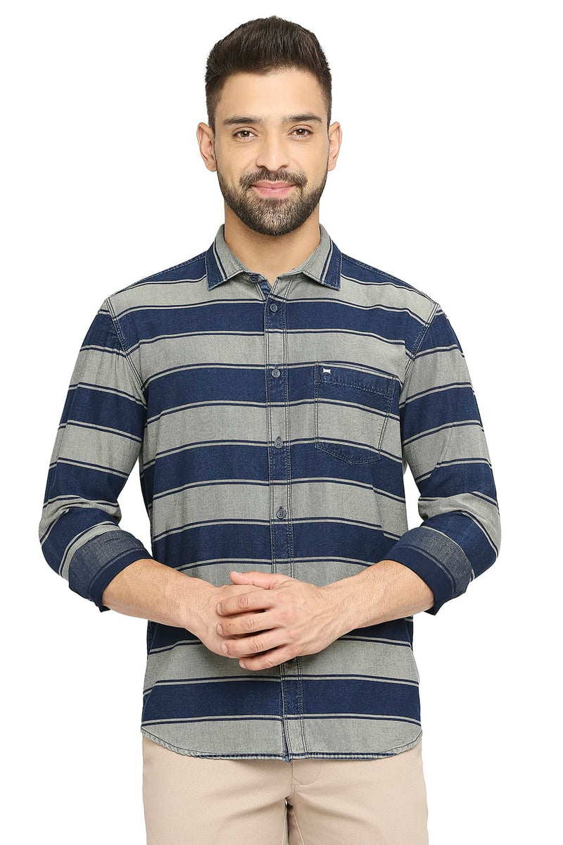 BASICS SLIM FIT COTTON INDIGO TWILL WEFT STRIPE SHIRT