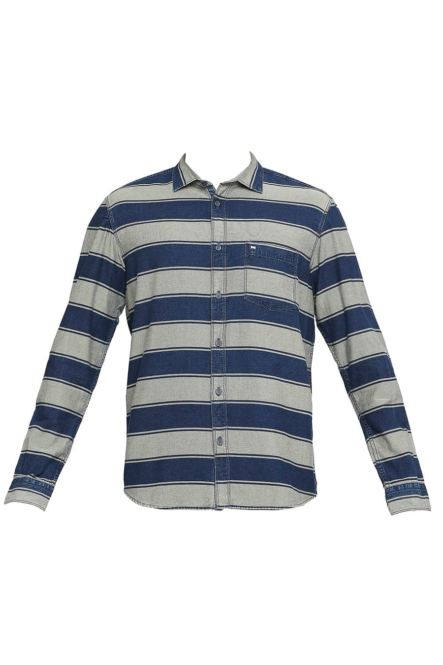 BASICS SLIM FIT INDIAN TAN KHAKI COTTON INDIGO TWILL WEFT STRIPE SHIRT