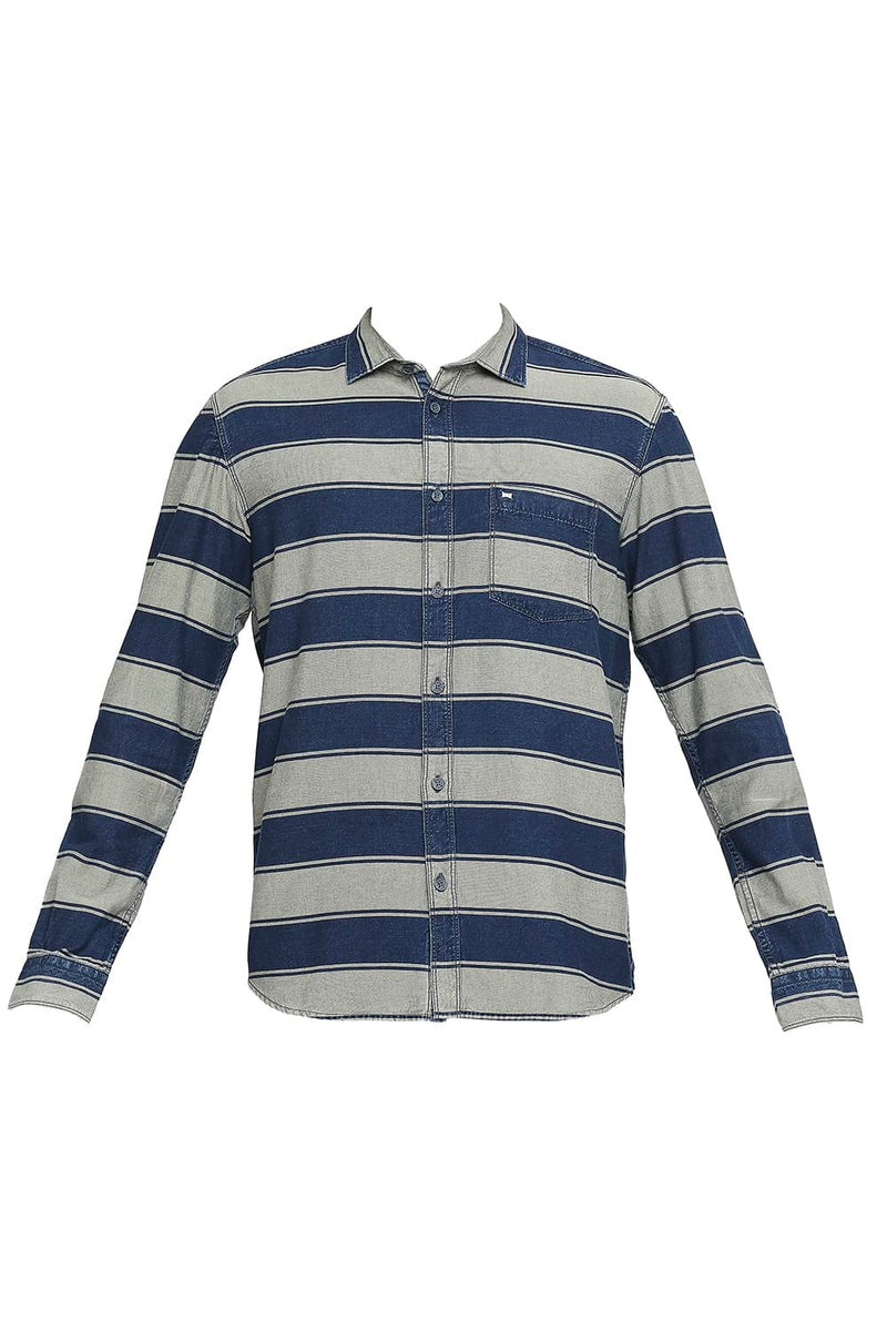 BASICS SLIM FIT COTTON INDIGO TWILL WEFT STRIPE SHIRT