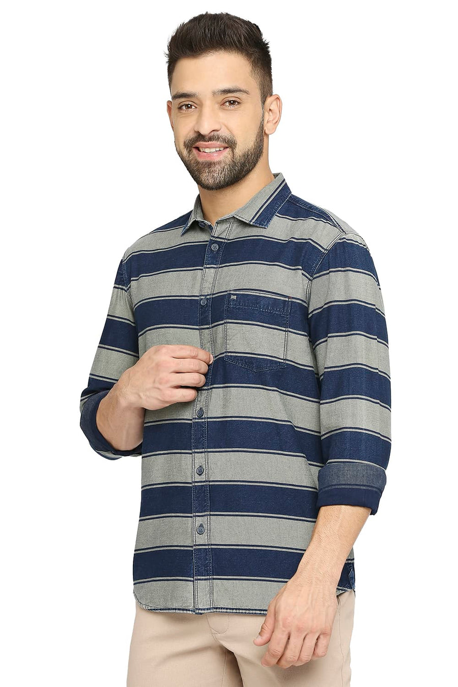 BASICS SLIM FIT INDIAN TAN KHAKI COTTON INDIGO TWILL WEFT STRIPE SHIRT