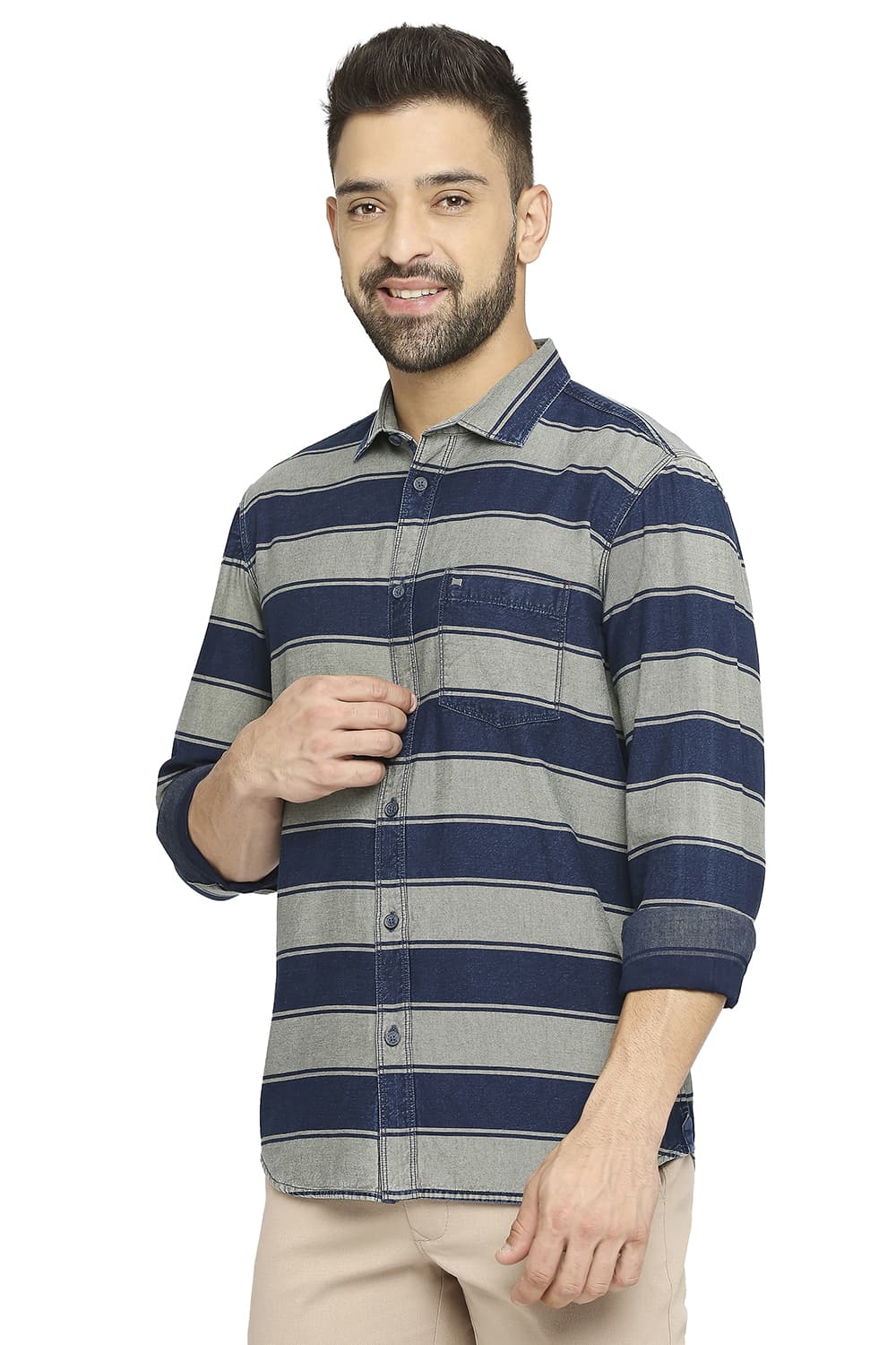 BASICS SLIM FIT COTTON INDIGO TWILL WEFT STRIPE SHIRT