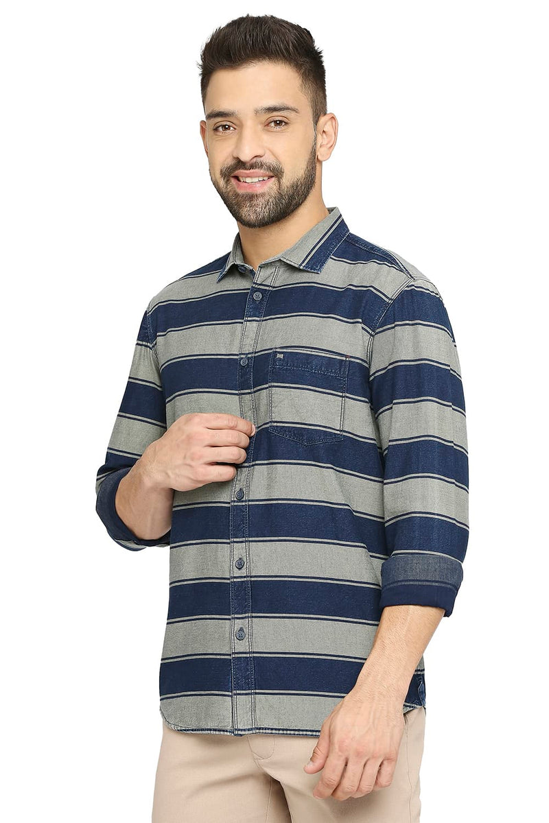 BASICS SLIM FIT COTTON INDIGO TWILL WEFT STRIPE SHIRT