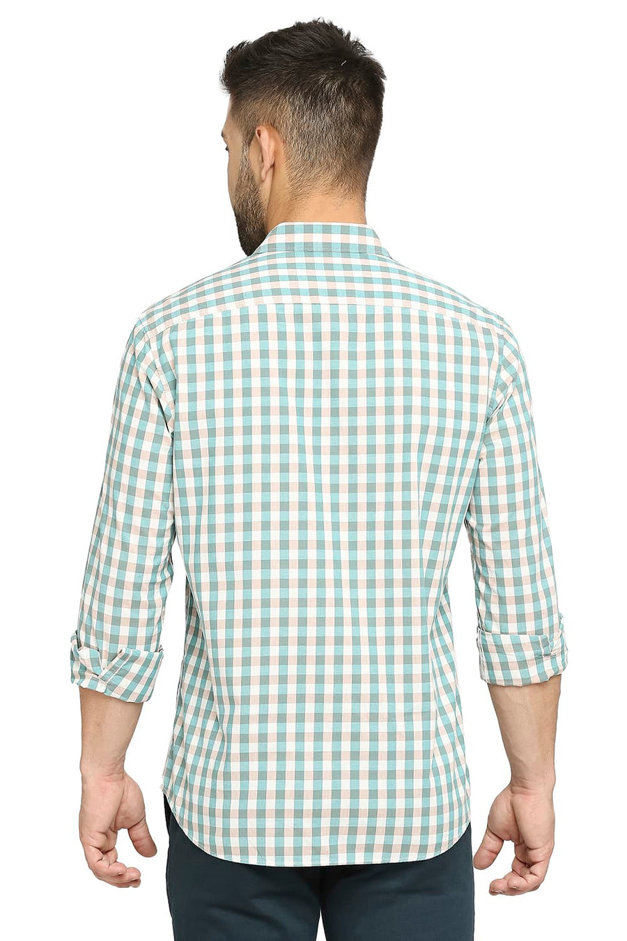 BASICS SLIM FIT BERYL TEAL COTTON CHECKS SHIRT