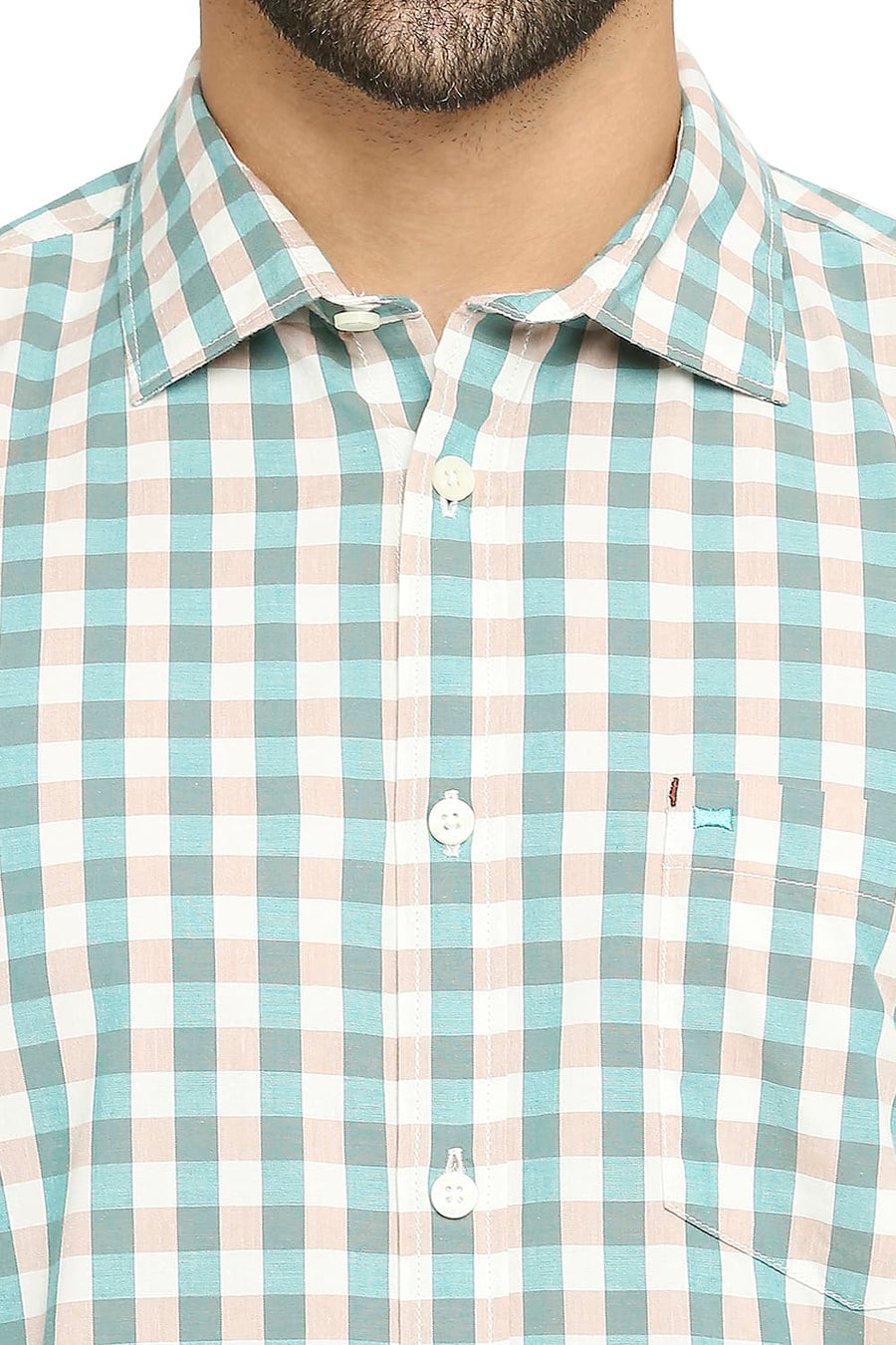 BASICS SLIM FIT BERYL TEAL COTTON CHECKS SHIRT