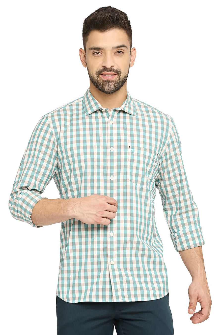 BASICS SLIM FIT BERYL TEAL COTTON CHECKS SHIRT