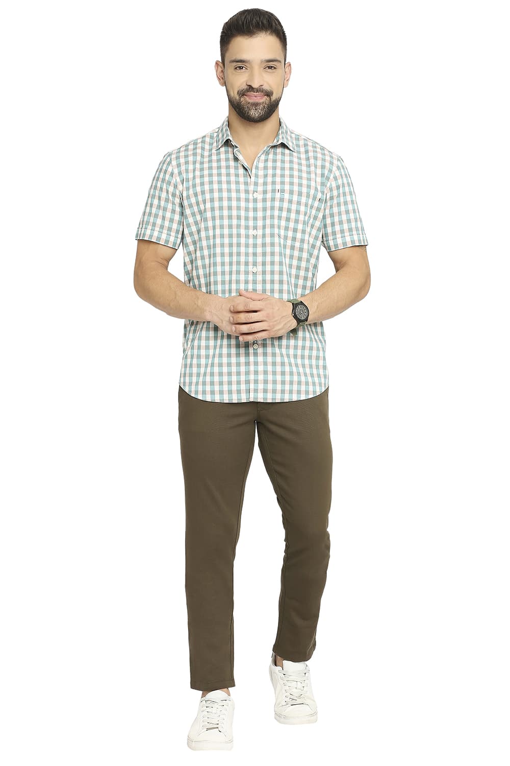 BASICS SLIM FIT COTTON CHECKS HALFSLEEVES SHIRT