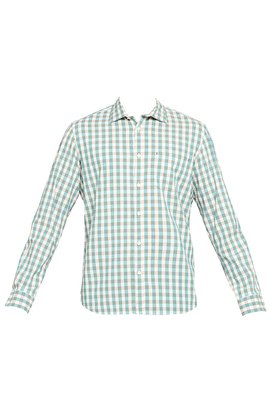BASICS SLIM FIT BERYL TEAL COTTON CHECKS SHIRT