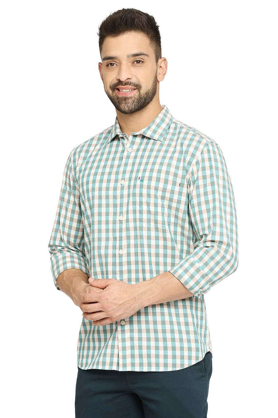 BASICS SLIM FIT BERYL TEAL COTTON CHECKS SHIRT