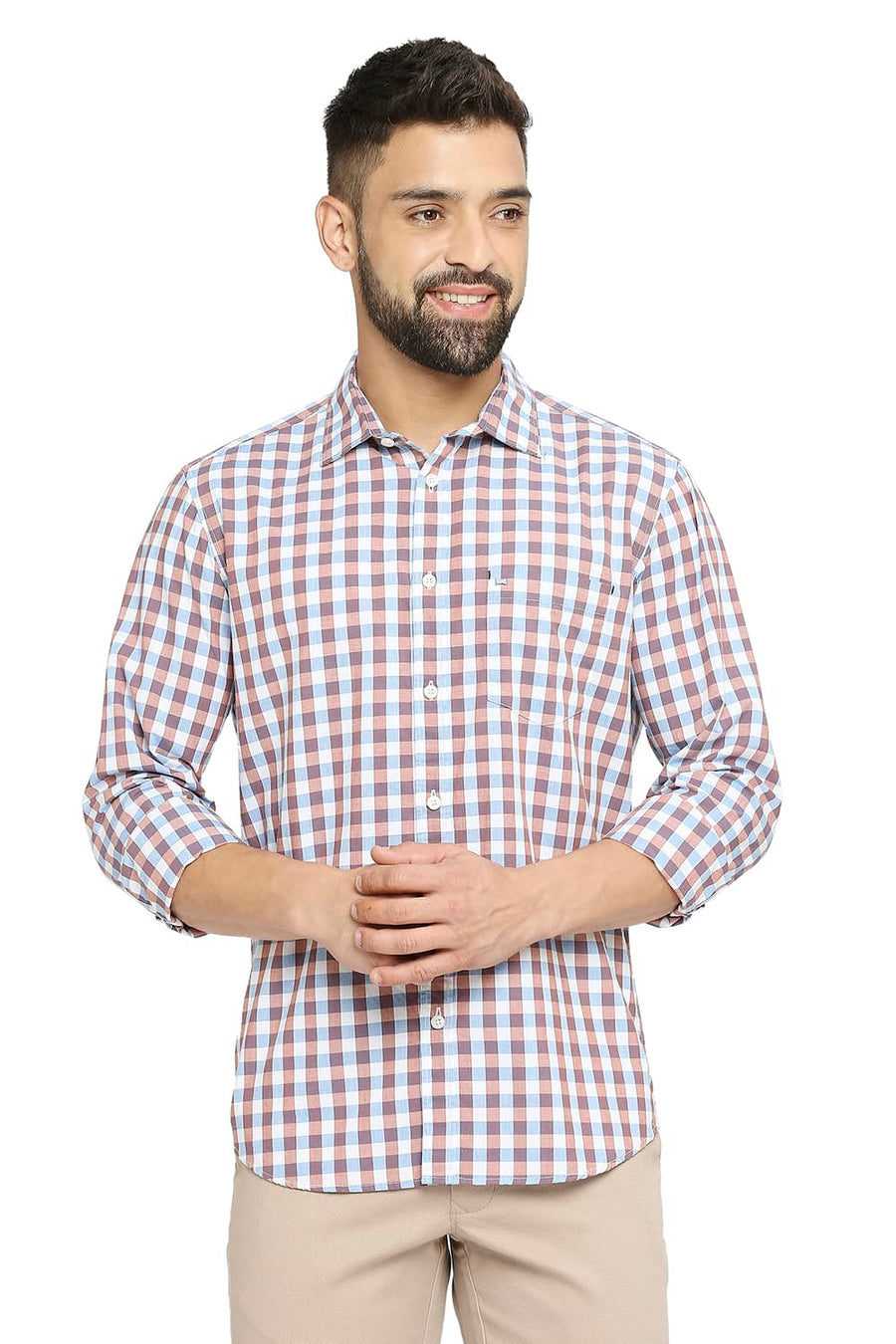 BASICS SLIM FIT DUSK BLUE COTTON CHECKS SHIRT