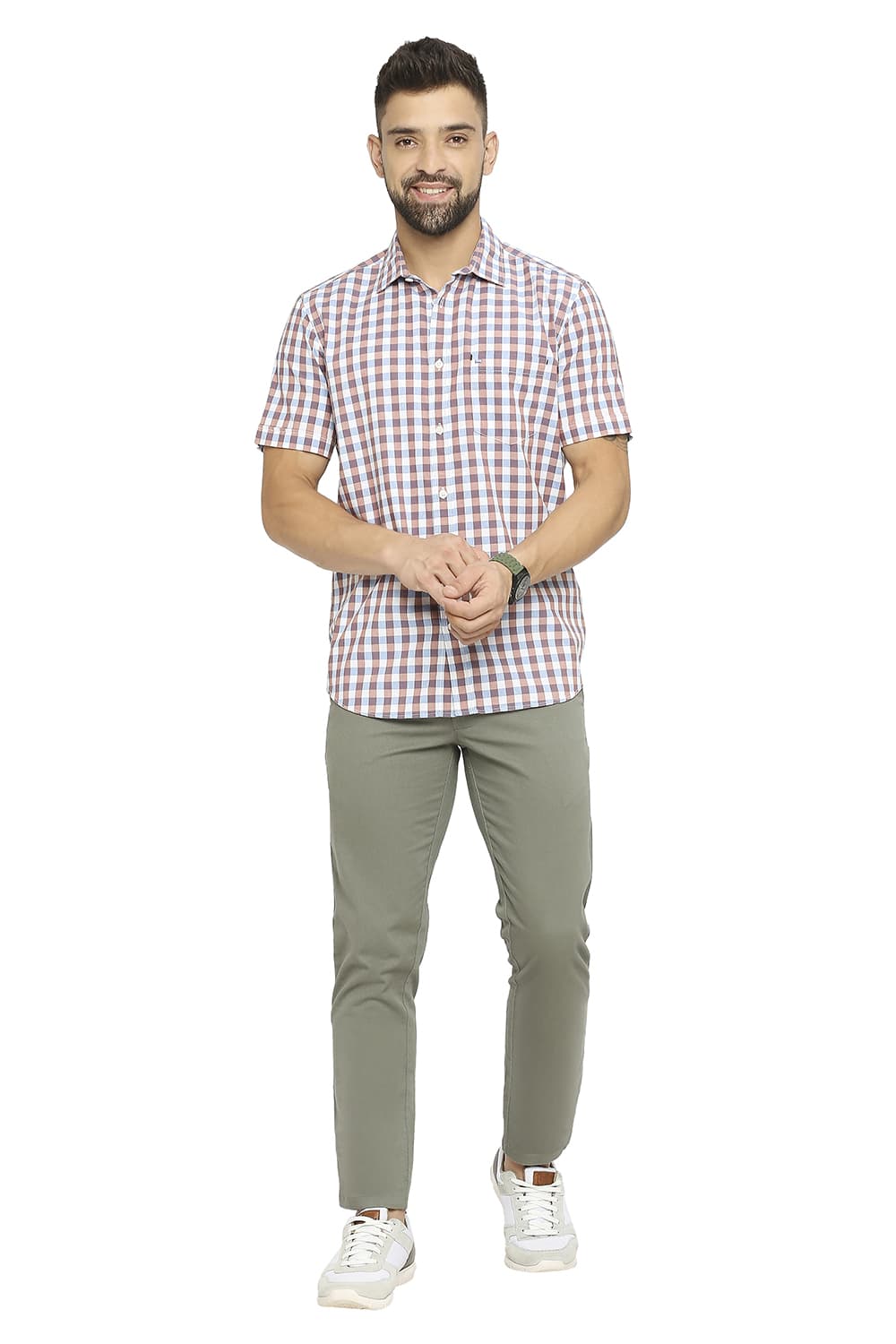 BASICS SLIM FIT COTTON CHECKS HALFSLEEVES SHIRT