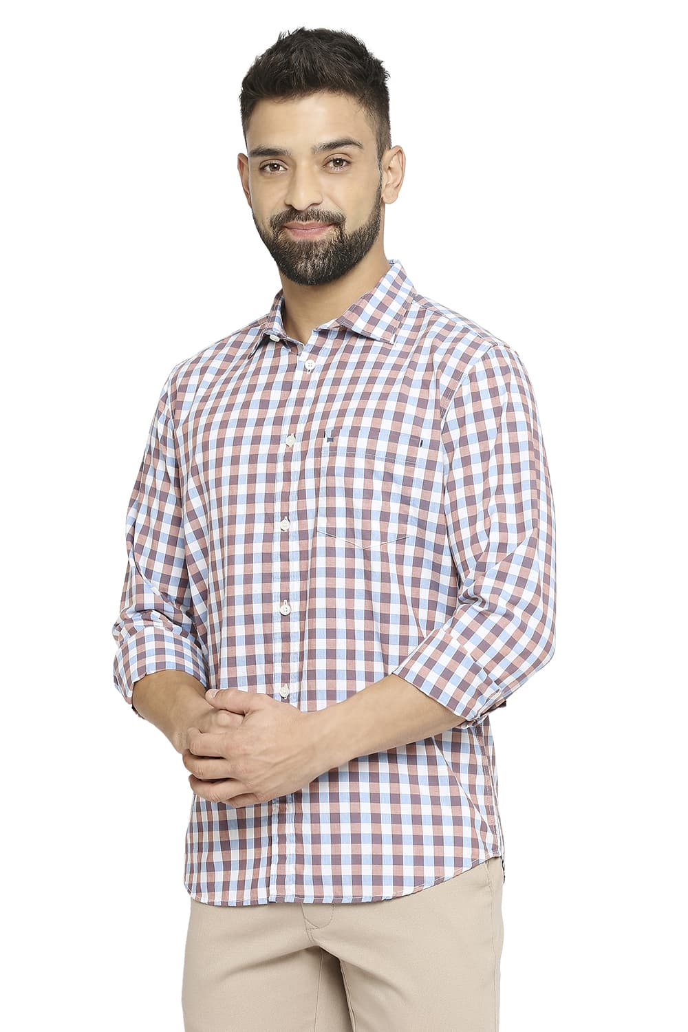 BASICS SLIM FIT COTTON CHECKS SHIRT