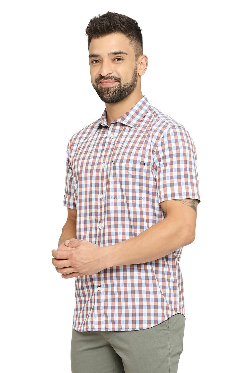 BASICS SLIM FIT COTTON CHECKS HALFSLEEVES SHIRT